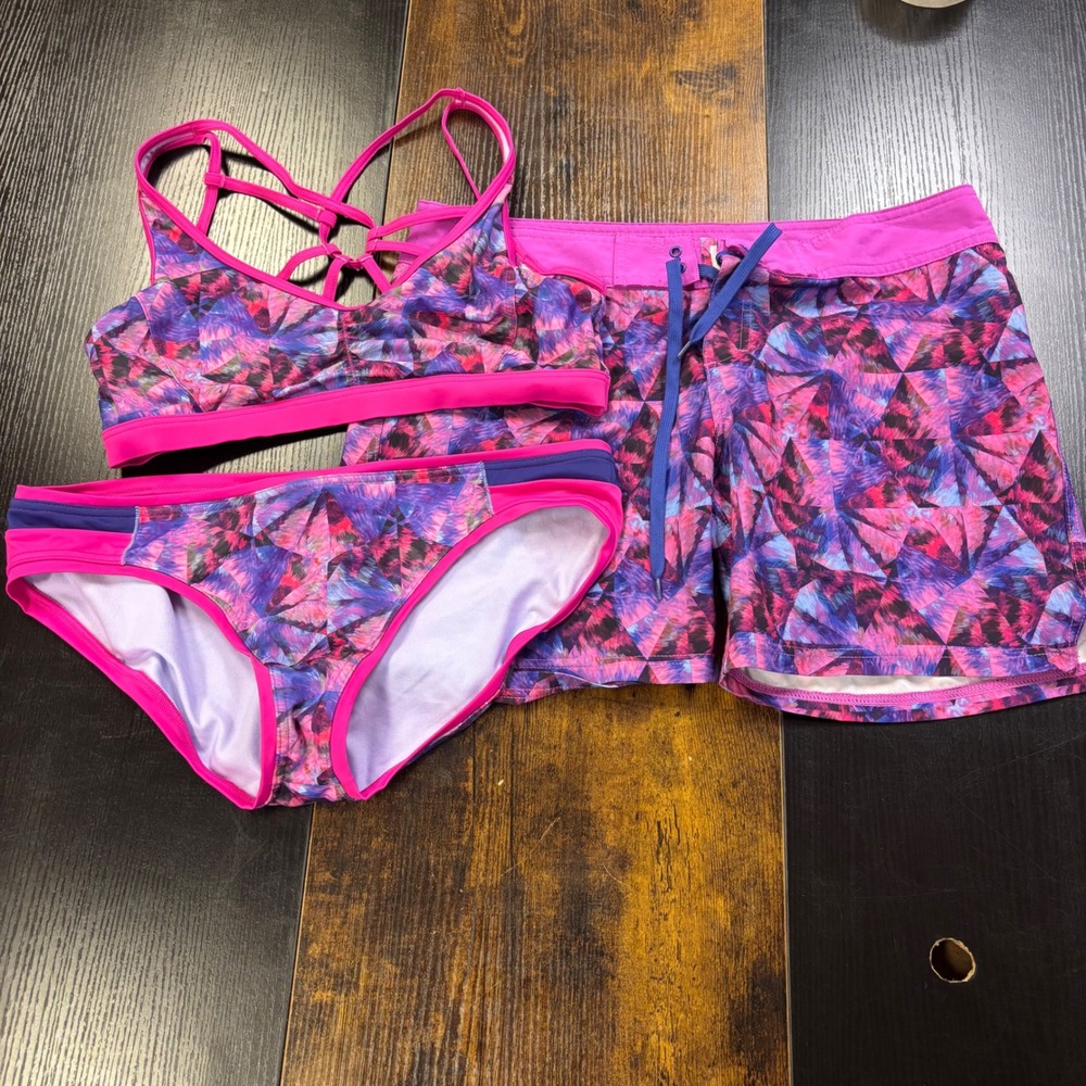Prana Womens 3 Piece Swimsuit Set Pink Purple Geometric Bikini Top Bottom Shorts